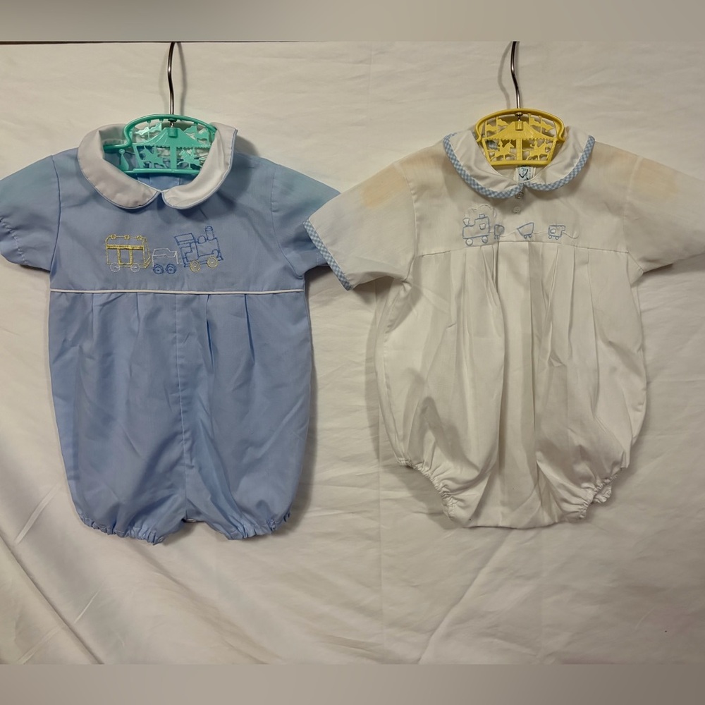 Vintage set of 2 embroidered train one piece rompers 3-6months blue and white